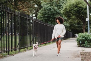 Dame går tur med sin hund